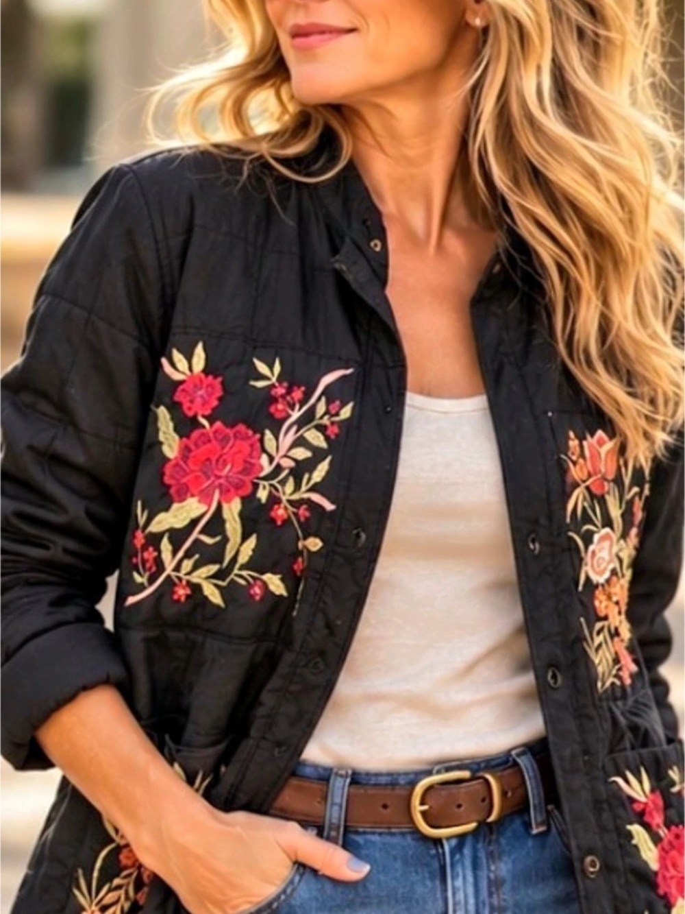Papillon Embroidered Quilted Jacket Floral Quilted Jacket Black Size Small